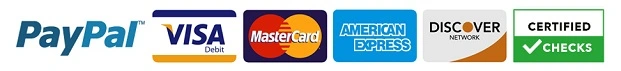 Paypal, Visa, Mastercard, American Express, Discovery and Certified Checks accepted. width=